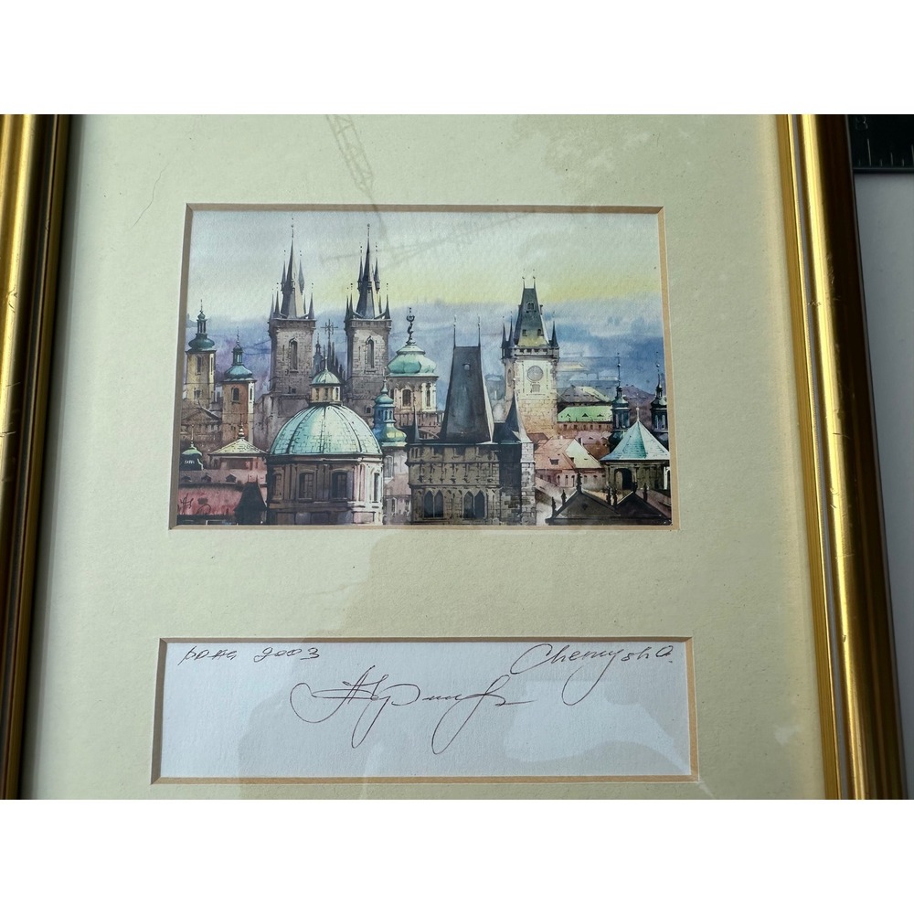 Original Signed Watercolor of Prague Old Town Skyline – Hana Chernyško, Praha 03